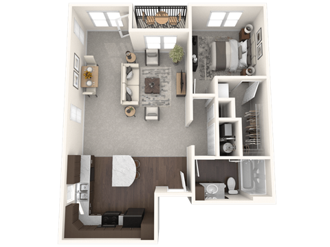 Floor plan for 1 bed, 1 bath, 843 sqft
